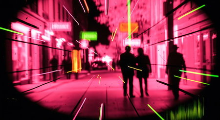 Blurred people walking on a city street at night with neon lightsの素材