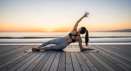 Young woman practicing yoga on the beach at sunrise. Healthy lifestyle.の素材