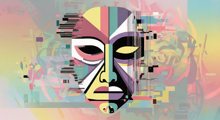 Abstract illustration of a face of a man with multicolored backgroundの素材