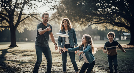 Happy family walking in the park. Mother, father and children playing together.の素材