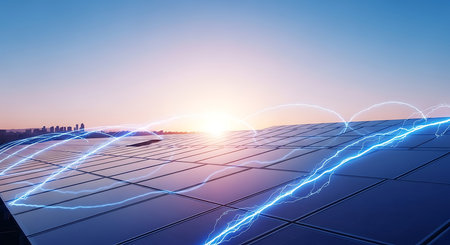 Solar panels with blue sky background. Alternative energy concept. 3D Renderingの素材