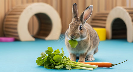 Rabbit with carrot and celery on blue background. Easter concept.の素材