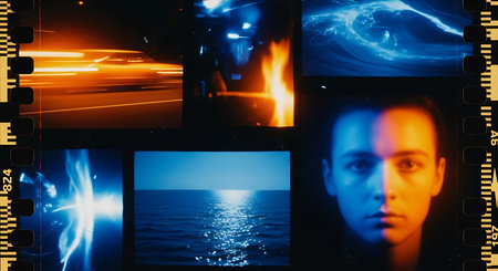Film strips with man on the background of sea and night sky.の素材