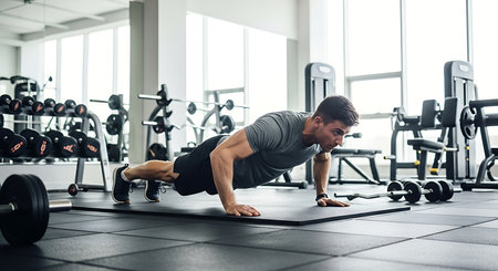 Muscular man doing push-ups on a mat in a gymの素材