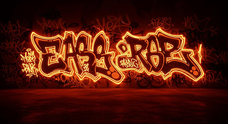 Happy Easter text in neon style on dark background. 3D renderingの素材