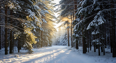 Sunset in winter pine forest. Beautiful winter landscape with sunbeams.の素材