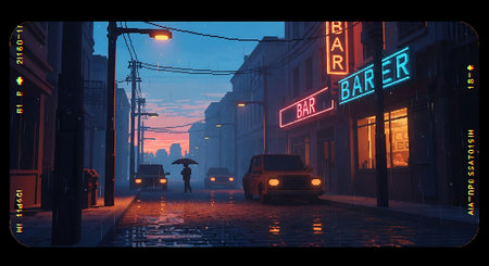 Night city street with cars, shops and neon signs. Illustrationの素材