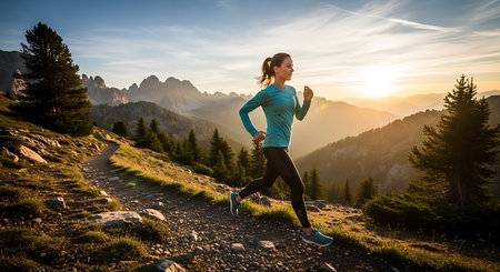 Young woman running in the Dolomites at sunset, Italy.の素材