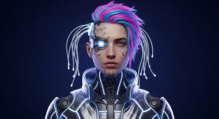 Cyborg woman with colorful hair on dark background. 3d renderingの素材
