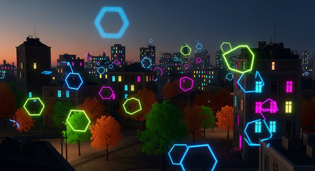 Modern city at night with glowing hexagons. 3D Renderingの素材