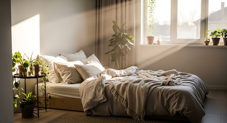 interior of a modern bedroom with a large bed and plants in potsの素材