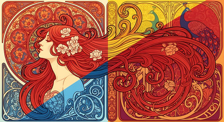 Beautiful girl with long hair and floral pattern. Vector illustration.の素材