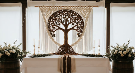 Wedding decoration with a tree in the middle of the roomの素材