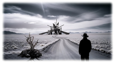 Man looking at a windmill in the middle of a desert roadの素材
