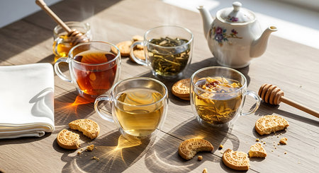 Cup of tea with honey and crackers on a wooden tableの素材