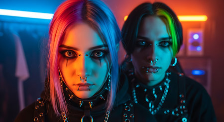 Portrait of two young women with futuristic make-up in neon lightの素材