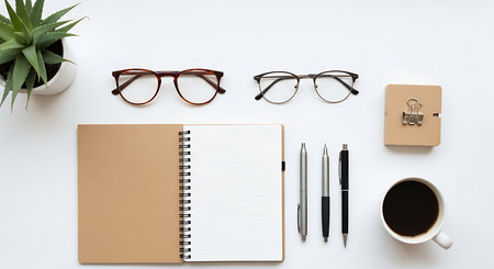 White office desk table with laptop, smartphone, coffee cup and other work supplies. Top view with copy space. Flat lay.の素材