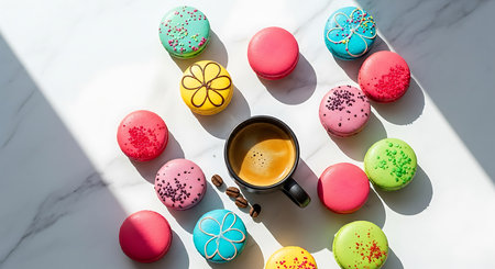 Colorful macaroons and cup of coffee on white marble tableの素材
