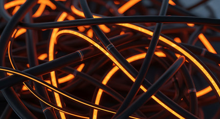 Abstract 3d rendering of chaotic electrical wires. Bokeh lights background.の素材