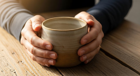 Closeup of female hands holding ceramic cup on rustic wooden tableの素材