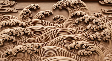 Wood carving in the form of a wave, closeup of photoの素材