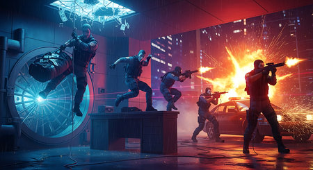 Surreal 3d rendering of a group of people fighting with guns.の素材