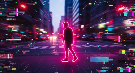 Silhouette of a man walking on the road in the city at night with glitch effectの素材