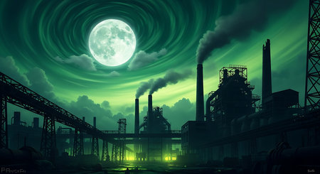 Industrial landscape with smoke and moon. 3d render, illustrationの素材