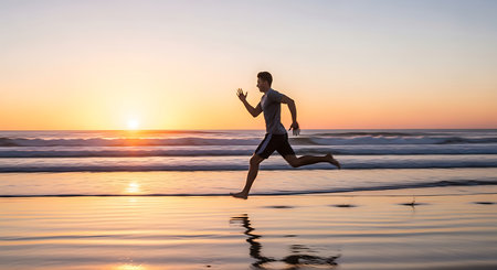 Young man running on the beach at sunset. Healthy lifestyle concept.の素材