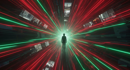 Silhouette of a businessman standing in front of a tunnel of glowing red and green lightsの素材