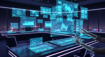 Futuristic office interior with hologram screens. 3d renderingの素材