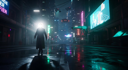 Man in raincoat walking on city street with neon lights on backgroundの素材