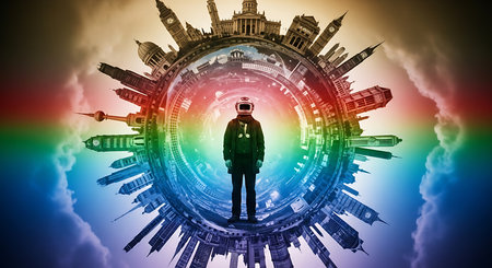 Silhouette of a man in virtual reality helmet against illustration backgroundの素材