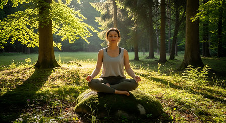 Young woman practicing yoga in the forest. Healthy lifestyle and relaxation concept.の素材