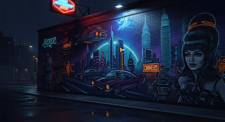 Mural on the wall of the night city. 3d renderingの素材