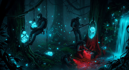 Grim reaper and witch with potion in the dark forest. Halloween backgroundの素材
