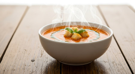 Tomato soup with croutons in a bowl on wooden tableの素材