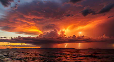 Dramatic sunset over the sea with thunderstorm and lightning.の素材