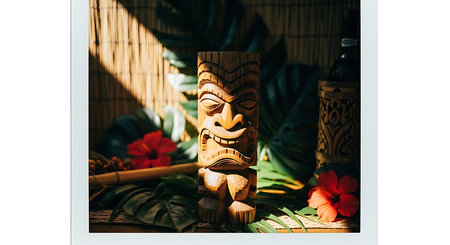 Wooden tiki idol on the background of tropical leaves and flowers.の素材