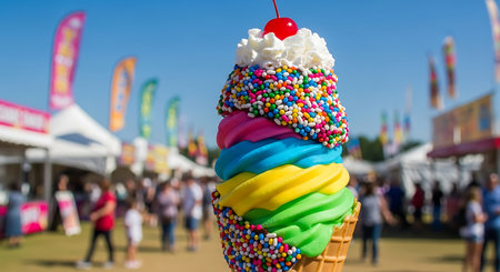 Colorful ice cream in a waffle cone on a sunny dayの素材