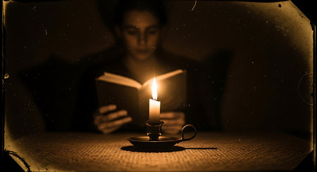 Young man reading a book and holding a candle in a dark roomの素材