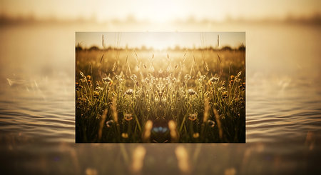 Beautiful sunset over the lake with grass and flowers. Nature backgroundの素材