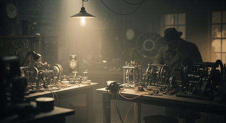 Vintage movie camera on a table in a dark room. 3d renderingの素材