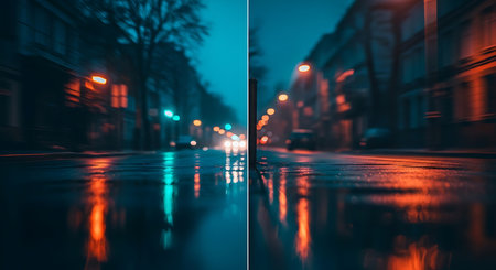 Collage of two images of a city street at night with lights and reflectionsの素材