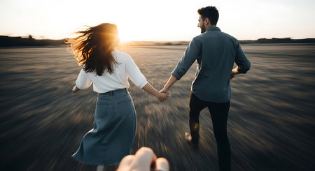 Couple in love holding hands and walking on the field at sunsetの素材