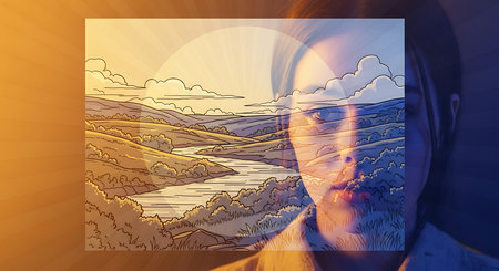 Double exposure of a woman wearing a virtual reality headset and a mountain landscapeの素材