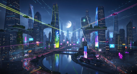 Futuristic city at night with neon lights. 3d renderingの素材