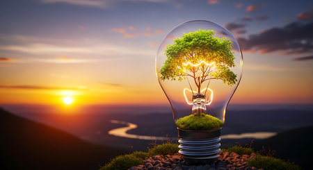 Ecology concept with tree growing inside of light bulb over nature background.の素材