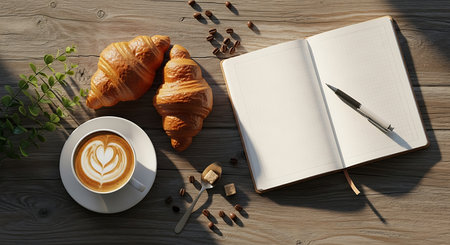 Cup of coffee with croissants and notebook on wooden tableの素材
