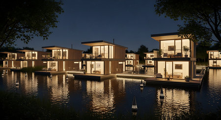 Luxury villas on the lake at night. 3d renderingの素材